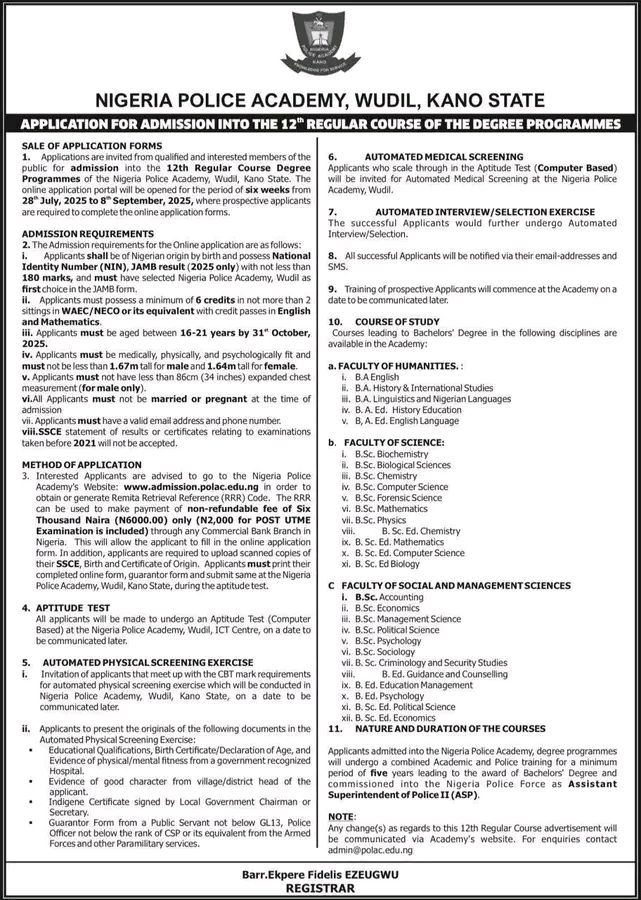 1753527087910278661220902718441 Nigeria Police Academy Opens Admission for 12th Regular Course Degree Programme