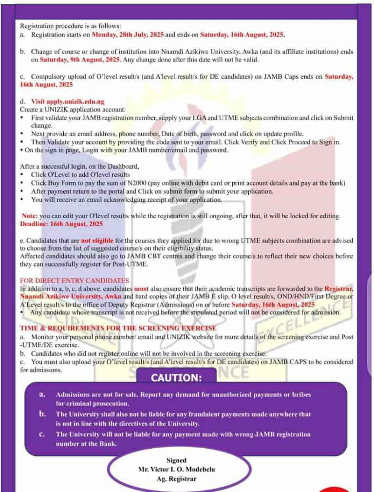 image-21 How to Apply for UNIZIK Post-UTME & Direct Entry Screening 2025/2026